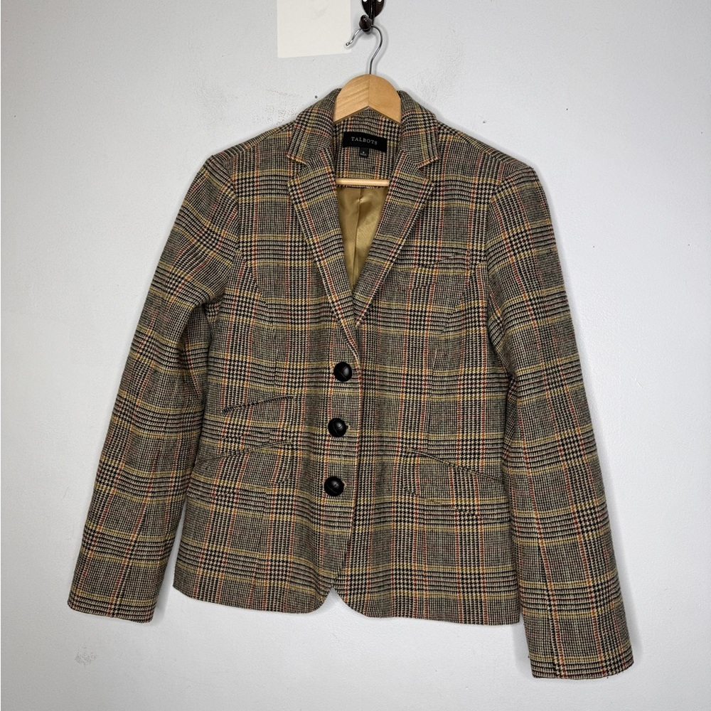 TALBOTS Brown Houndstooth Plaid Wool Blend Equestrian‎ Style Blazer 6